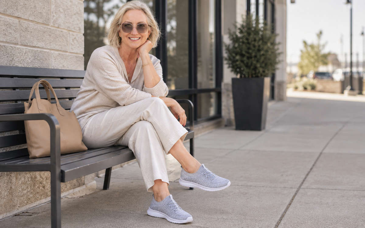 Mature woman seated outdoors wearing grey knit walking shoes for comfortable everyday wear