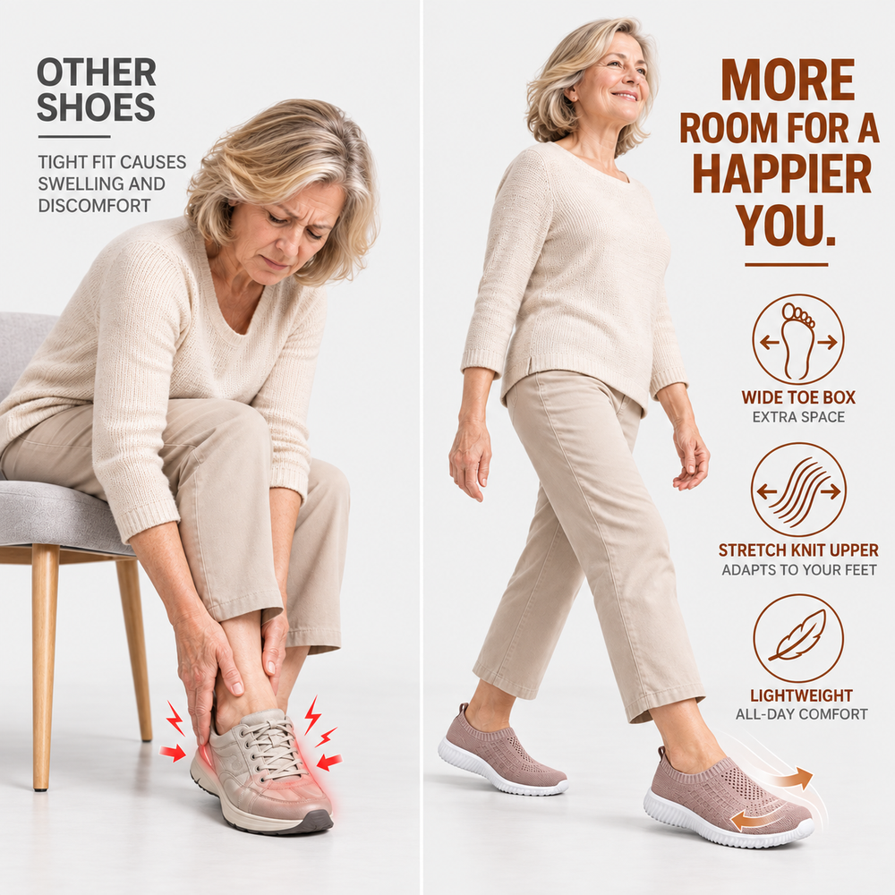 Comparison between tight conventional shoes and flexible knit shoes with more toe room