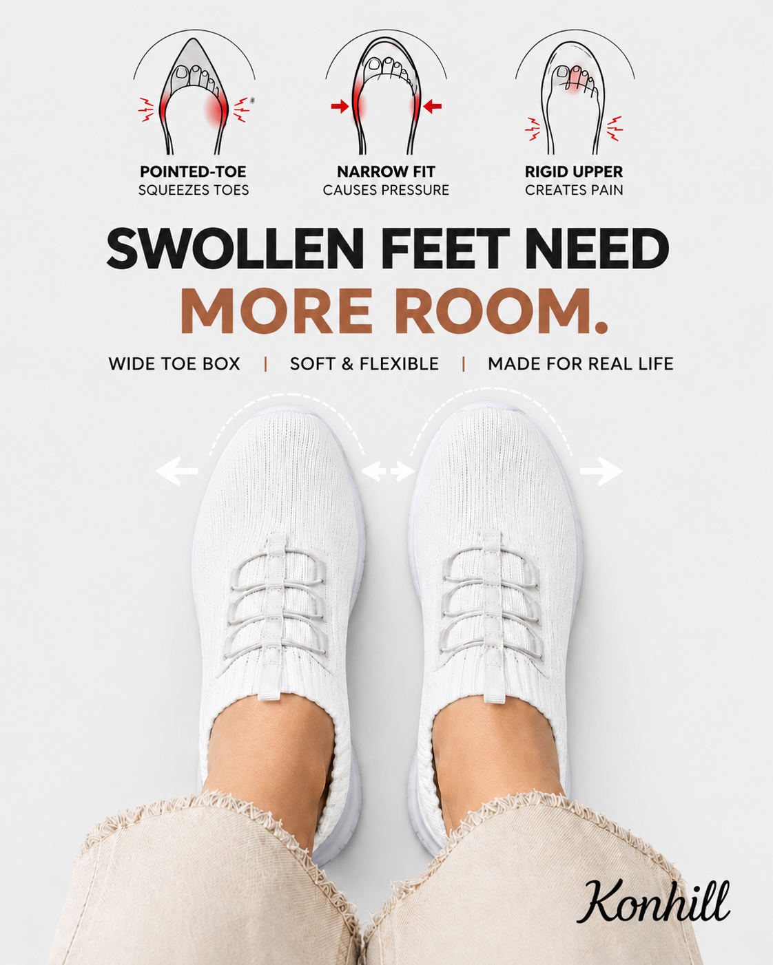 Stretch knit walking shoe designed to give wide and swollen feet more comfortable room